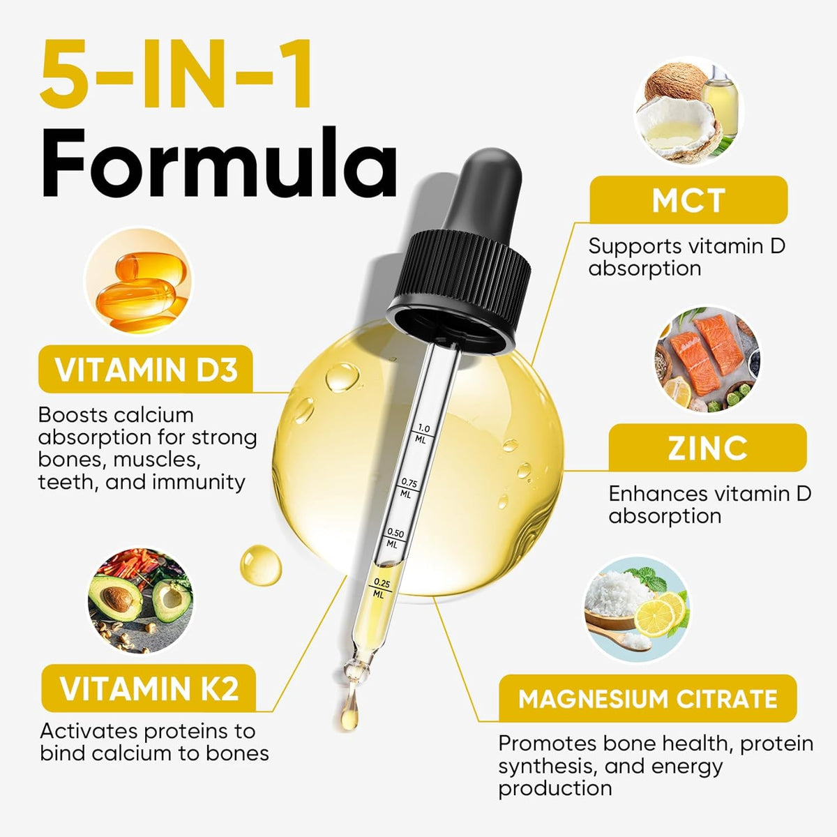 Venture Pal 5-in-1 Vitamin D3 10000 IU & K2 as MK-7 200mcg with Magnesium, MCT Oil, Zinc, Sugar-Free Vitamin D Liquid |Maximum Absorption for Bone, Mood & Immune Health - 2 FL OZ, 60 Days