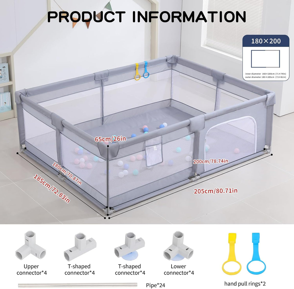 Baby Playpen, Playpens for Babies, Large Playard for Toddlers (Gray, 205 * 185cm)