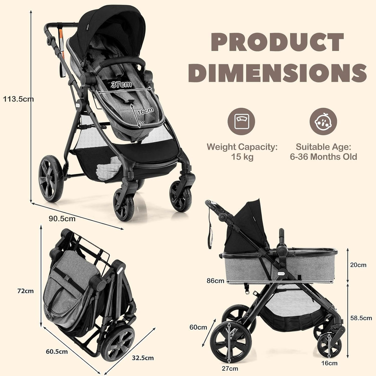 High Landscape Baby Stroller, 2 in 1 Convertible Baby Pram Jogger with Adjustable Canopy (Black)