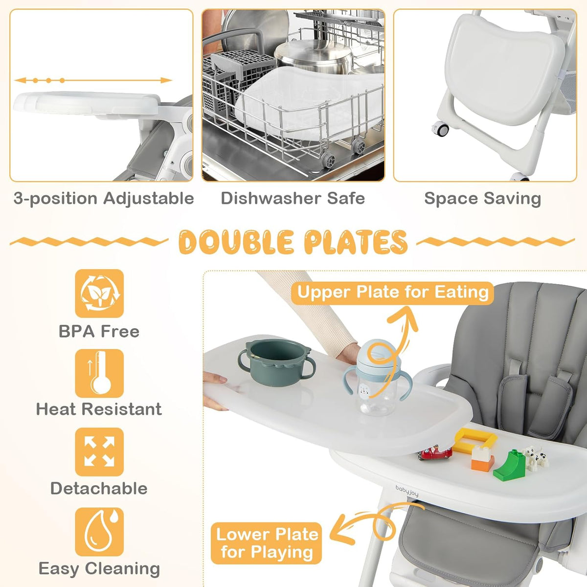 BABY JOY Baby High Chair, Foldable Highchair w/ 7 Heights, 5 Recline Positions(Grey)