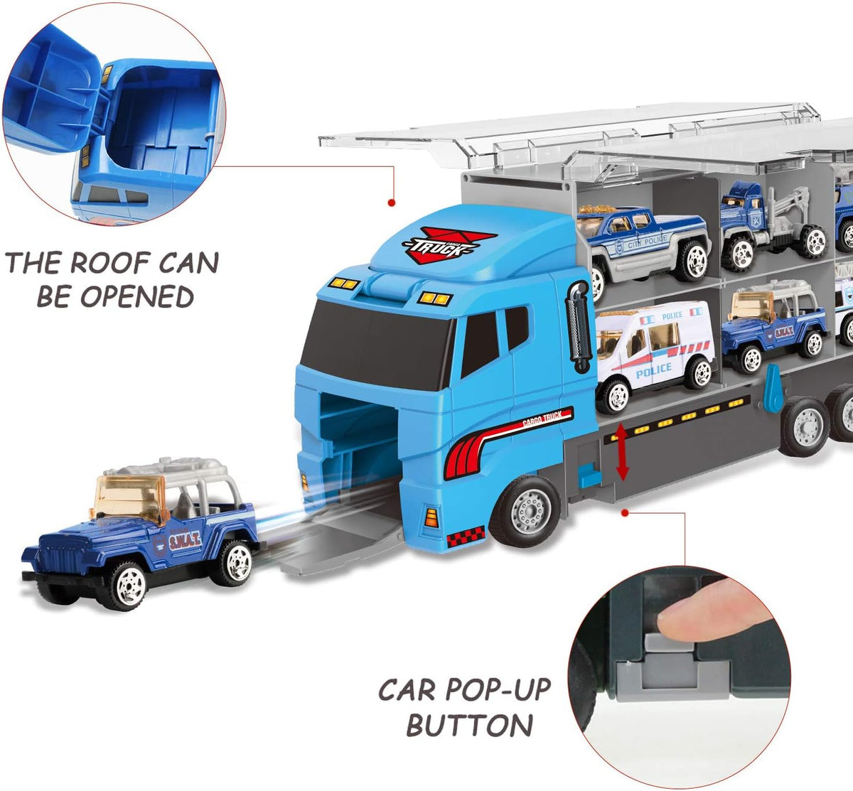 Joyfia 10 in 1 Mini Die-cast Police Truck Toy Set, Mini Patrol Rescue Vehicles in Carrier Truck Playset, Police Car Toys for 3+ Years Old Boys Girls Kids