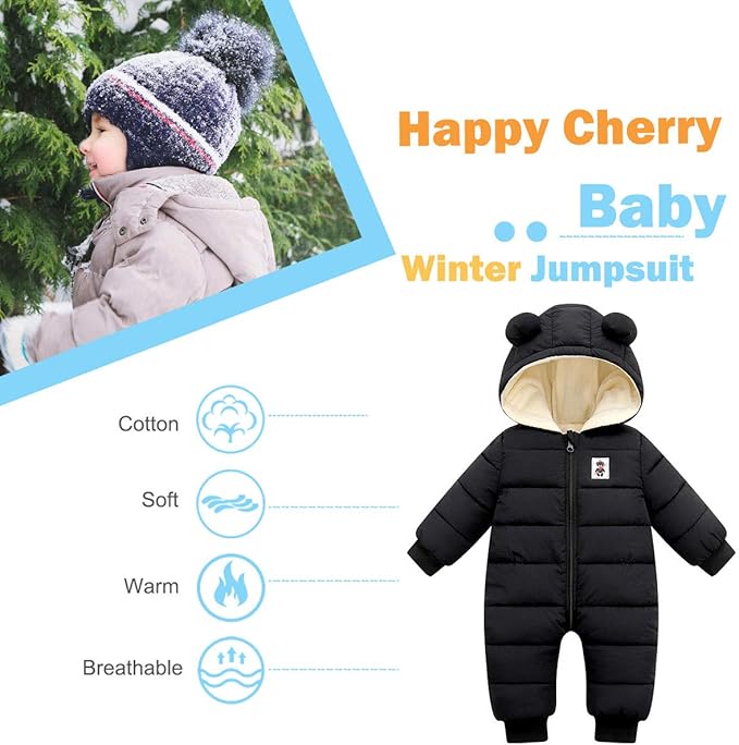 Baby Snowsuit Infant Boys Girls Winter Warm Jumpsuit Thick Hooded Bodysuit One Piece Snow Wear Romper