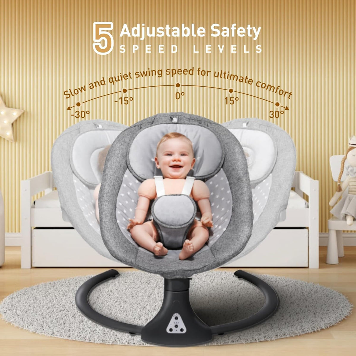 Electric Baby Swing Chair with Bluetooth Remote Control | Cordless 5-Speed Levels 12 Lullabies & 3 Timers | 3 Adjustable Angles - Rocking Chair for Newborn | Gray