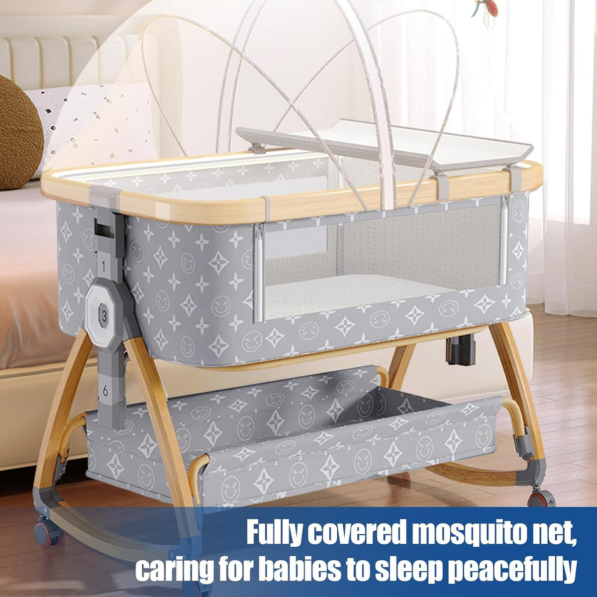 Baby Cradle Bed, Baby Bassinet with Mattress and Mosquito net, Portable 3 in 1 Baby Bed (Doodle)