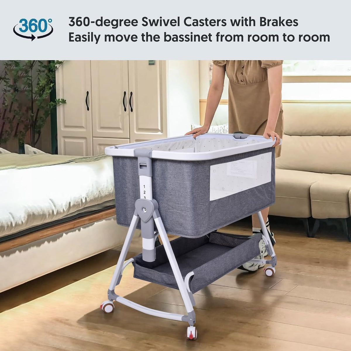 Bassinet Co Sleeper, Bellababy Baby Bedside Sleeper, Bedside Bassinet for Safe Co-Sleeping, Storge Bag, Universal Wheel with Brake, Easy to Assemble, Grey