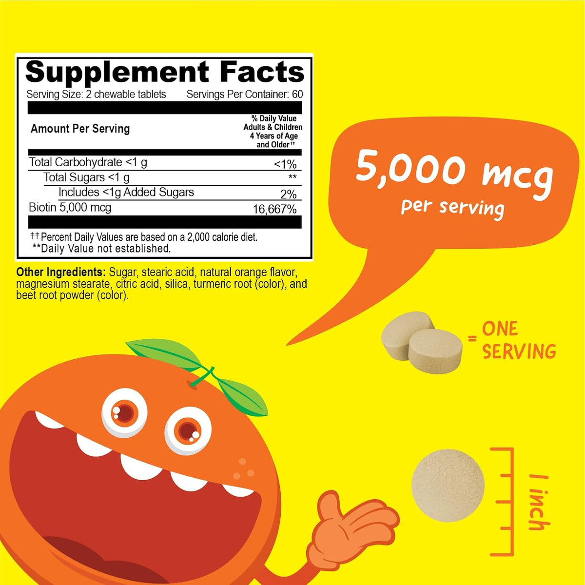 Kids Biotin 5000mcg Chewable Tablets | Tasty Biotin Supplement | Vegan, Non GMO | Hair Growth, Skin and Nail Heath | Hair Vitamins for Kids | 120 Chewables