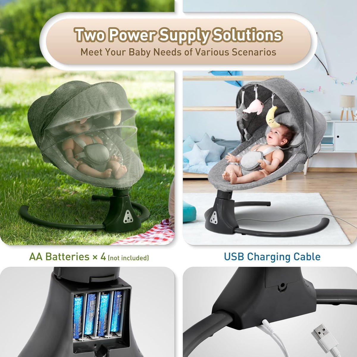 Electric Baby Swing Chair with Bluetooth Remote Control | Cordless 5-Speed Levels 12 Lullabies & 3 Timers | 3 Adjustable Angles - Rocking Chair for Newborn | Gray