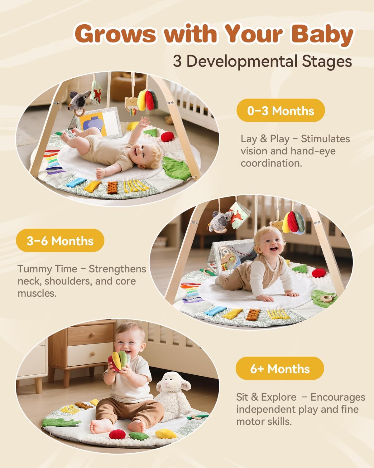 Promise Babe Wooden Baby Play Gym & Tummy Time Playmat (0–12M+)