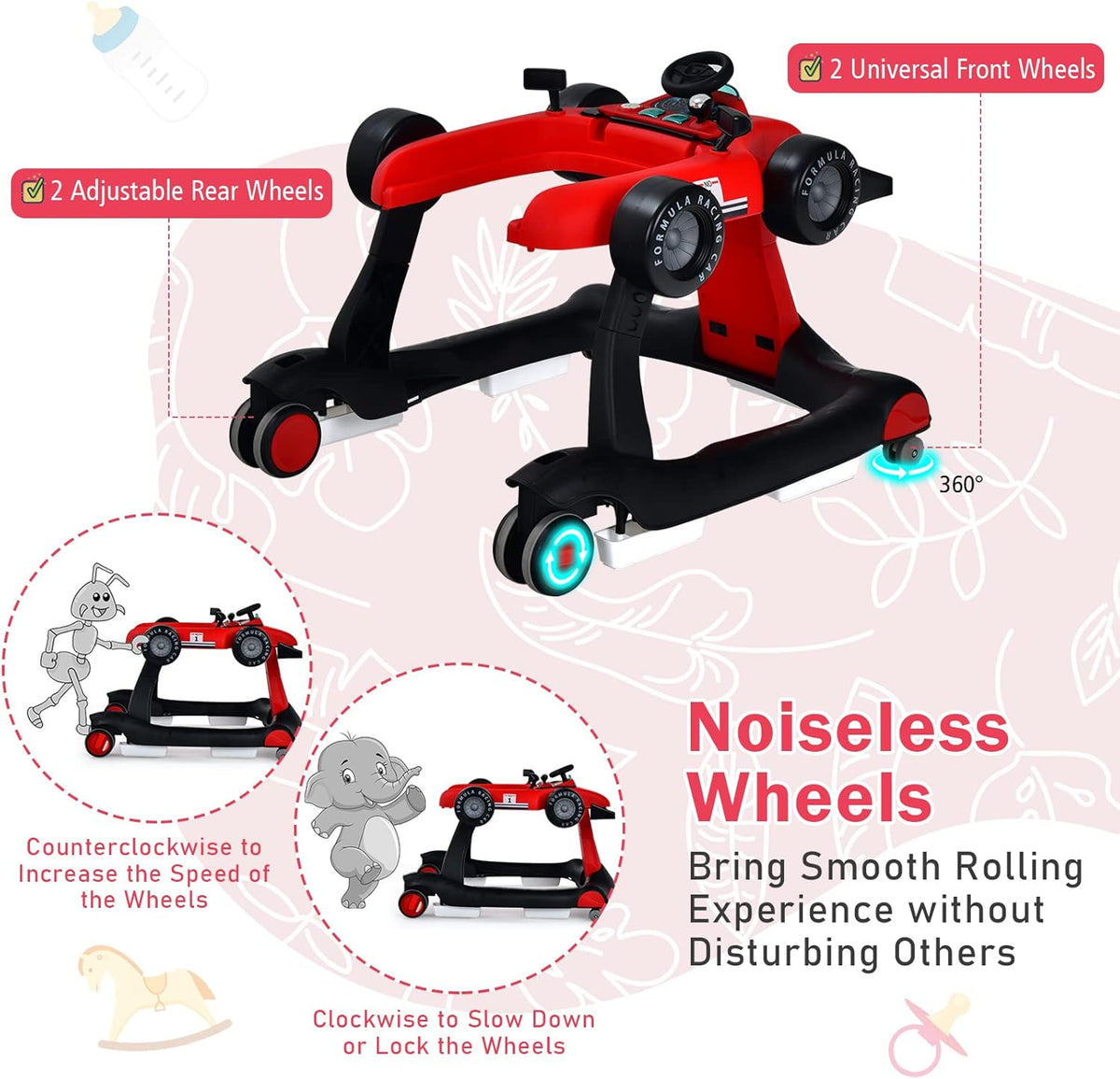 BABY JOY 4-in-1 Baby Walker, Foldable Activity Car Baby Walker w/3 Adjustable Height (Red)
