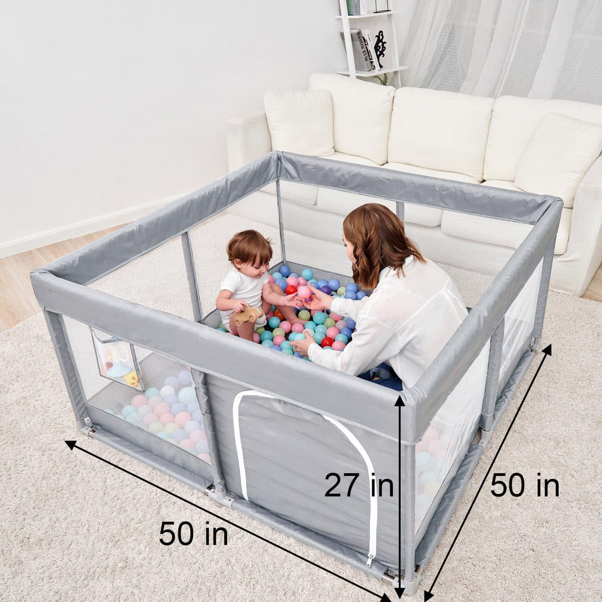 PandaEar Grey Baby Playpen, Large Playpen for Toddlers(127×127 cm)
