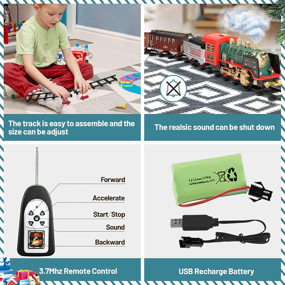 Remote Control Train Set,Sound and Lights Smoke Steam Locomotive Engine Train,Christmas Tree for 3 4 5 6 7 8+ Year