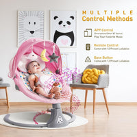 Electric Baby Swing Chair: Baby Rocker with Bluetooth Remote Control - Baby Bouncer Chair 5 Speeds & 12 Preset Lullabies Toddler Swing with 3 Timers for Newborn Boys & Girls (Pink)