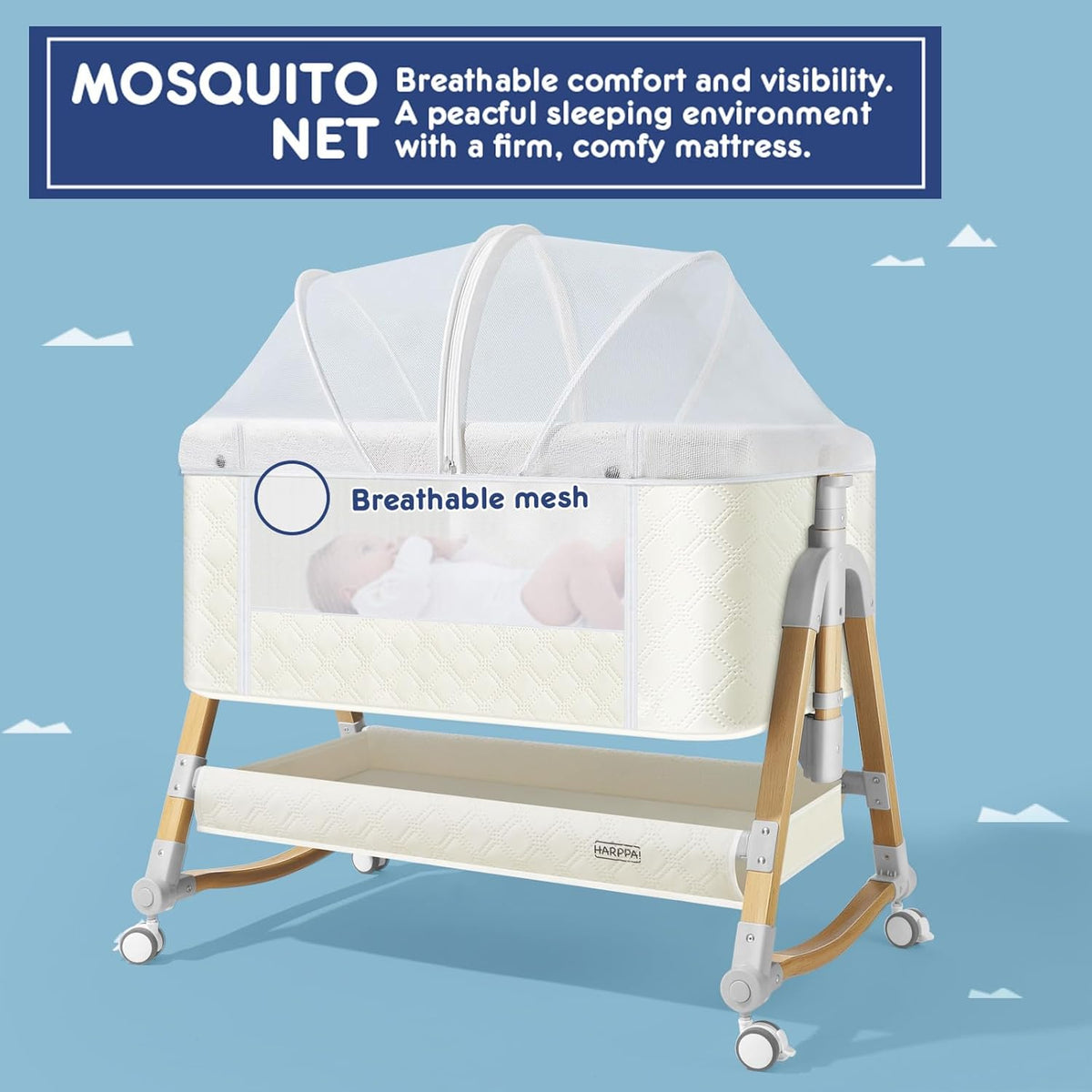 Cuddly Bassinet, 3 in 1 Baby Bassinet with Wheels, 5 Height Adjustable, Includes Mosquito Net, Mattress, Anchor Strap (White)