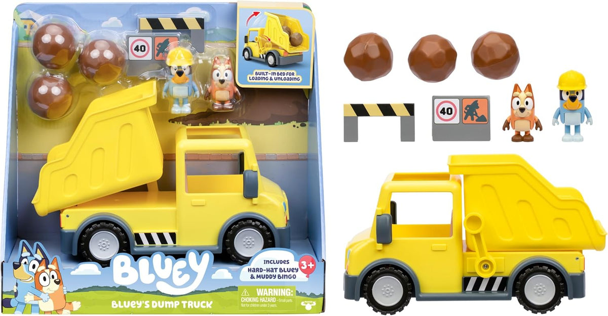 Bluey's Dump Truck, with Load and Unload Feature, Get Some Work Done with Exclusive Hard-Hat Bluey and Muddy Bingo