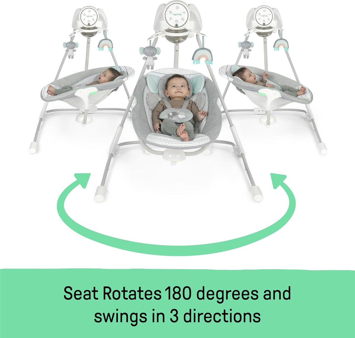 Ingenuity InLighten 5-Speed Baby Swing - Swivel Infant Seat, 5 Point Safety Harness, Nature Sounds, Lights - Van Elephant