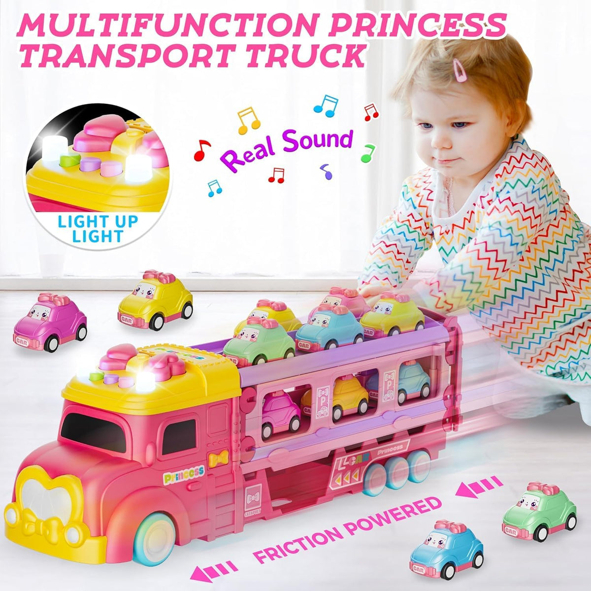 Car Toys for Age 2 3 4 5 6 7 Year Girl Toddler, Foldable Track & 2 Player Race Mode Game, Light & Sound Push Transport Carrier Truck W/ 6 Princess Car, Birthday Gift Idea for Kid