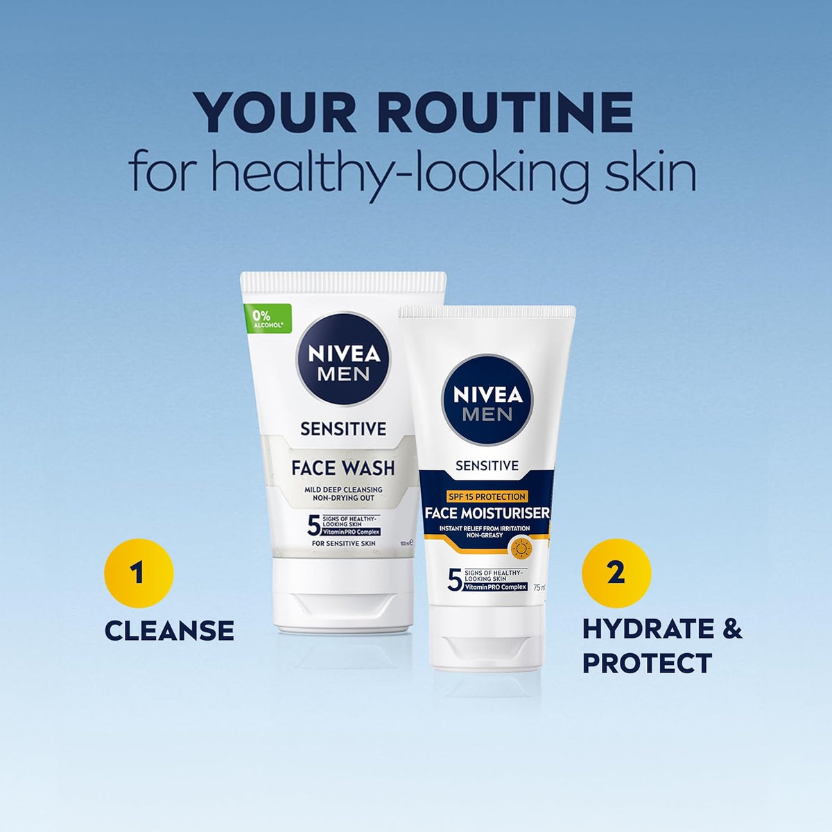 NIVEA MEN Sensitive Skin Care Value Pack (2 Piece) | Includes: Men's Face Wash 100ml & Sensitive Protective Face Cream 50ml | Enriched With Vitamin E & Chamomile | Sensitive Skincare Set for Men