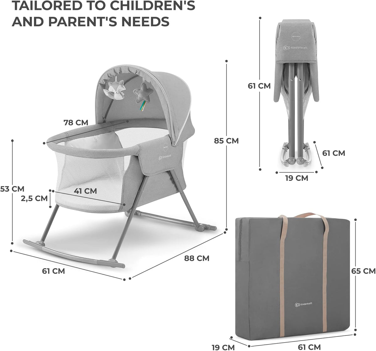 Kinderkraft Baby Crib 3 in 1 LOVI, Cradle, Travel Cot, Rocker, Easy Folding and Unfolding, Adjustable Canopy, with Accessories, Mattress Cover, Included Toys, Transport Bag, for Newborn, 0-9 kg, Gray