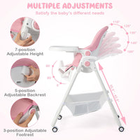 BABY JOY Baby High Chair, Foldable Highchair w/ 7 Heights, 5 Recline Positions (Pink)