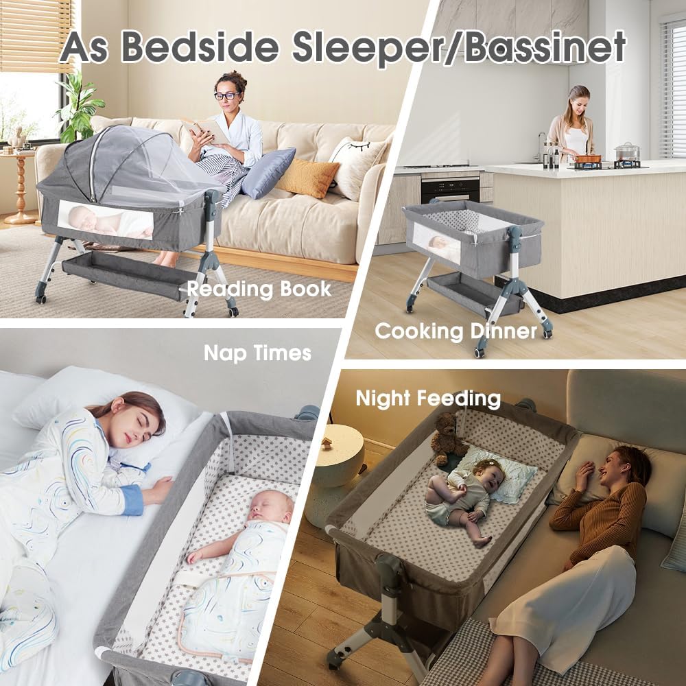 PlayPals Baby Bassinet with Mattress, Rocking Baby Crib with Storage Basket Grey