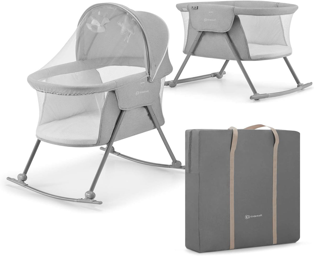 Kinderkraft Baby Crib 3 in 1 LOVI, Cradle, Travel Cot, Rocker, Easy Folding and Unfolding, Adjustable Canopy, with Accessories, Mattress Cover, Included Toys, Transport Bag, for Newborn, 0-9 kg, Gray