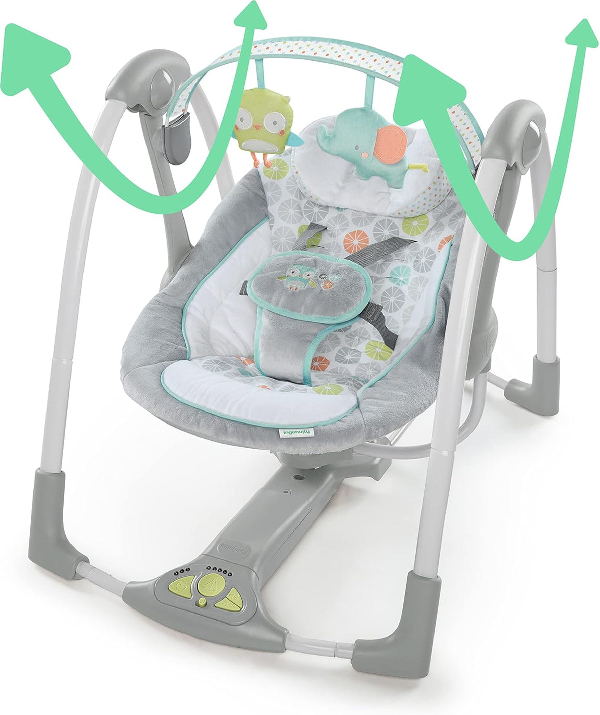 Ingenuity Swing 'n Go 5-Speed Baby Swing - Foldable, Portable, 2 Plush Toys & Sounds, 0-9 Months 6-20 lbs (Hugs & Hoots)