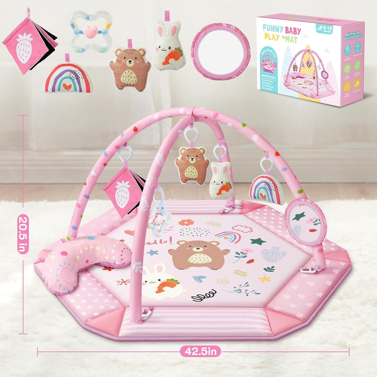 Baby Gym Play Mat, 8-in-1 Tummy Time Mat & Ball Pit with 6 Toys (Pink)