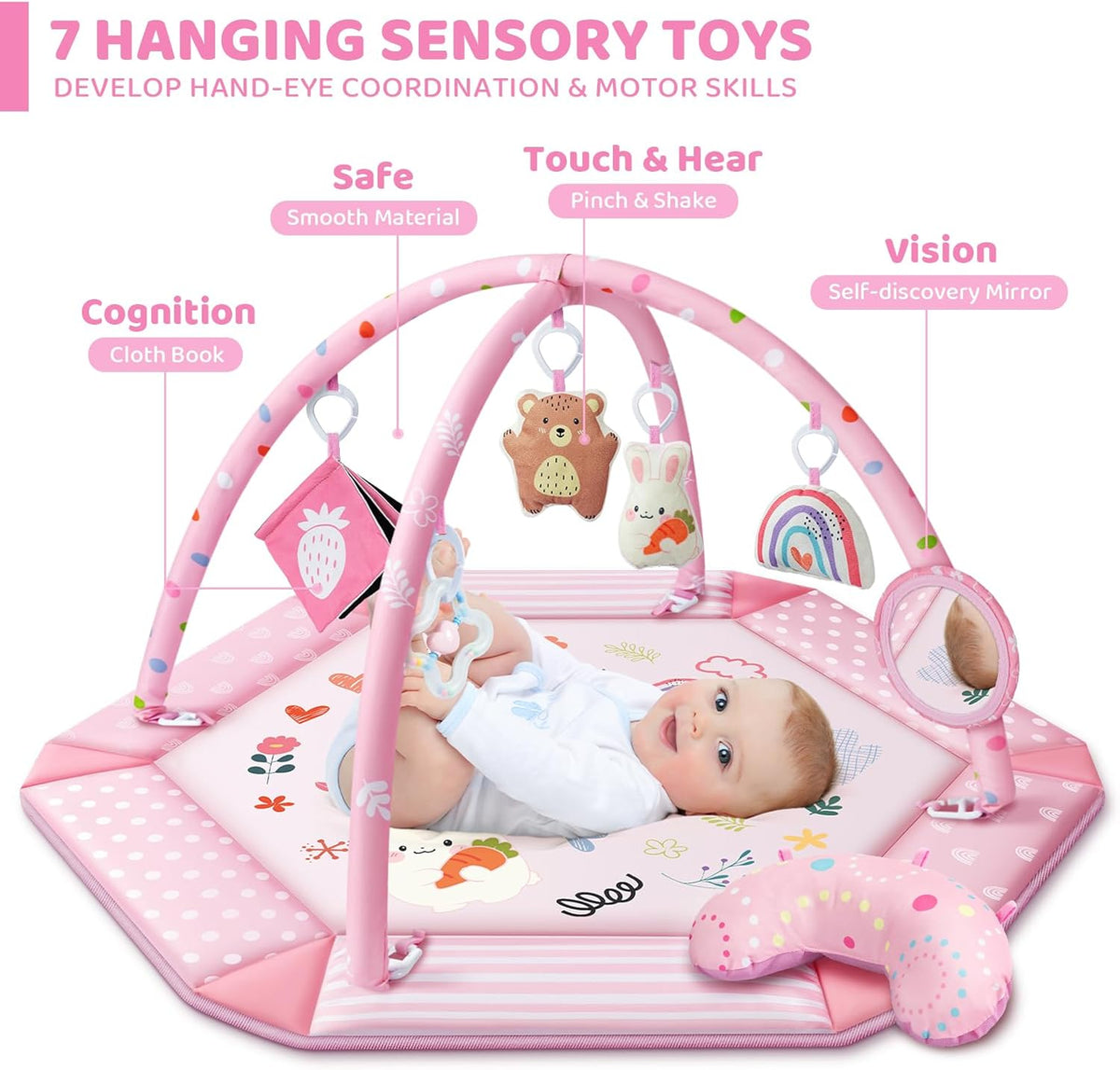 Baby Gym Play Mat, 8-in-1 Tummy Time Mat & Ball Pit with 6 Toys (Pink)