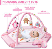 Baby Gym Play Mat, 8-in-1 Tummy Time Mat & Ball Pit with 6 Toys (Pink)