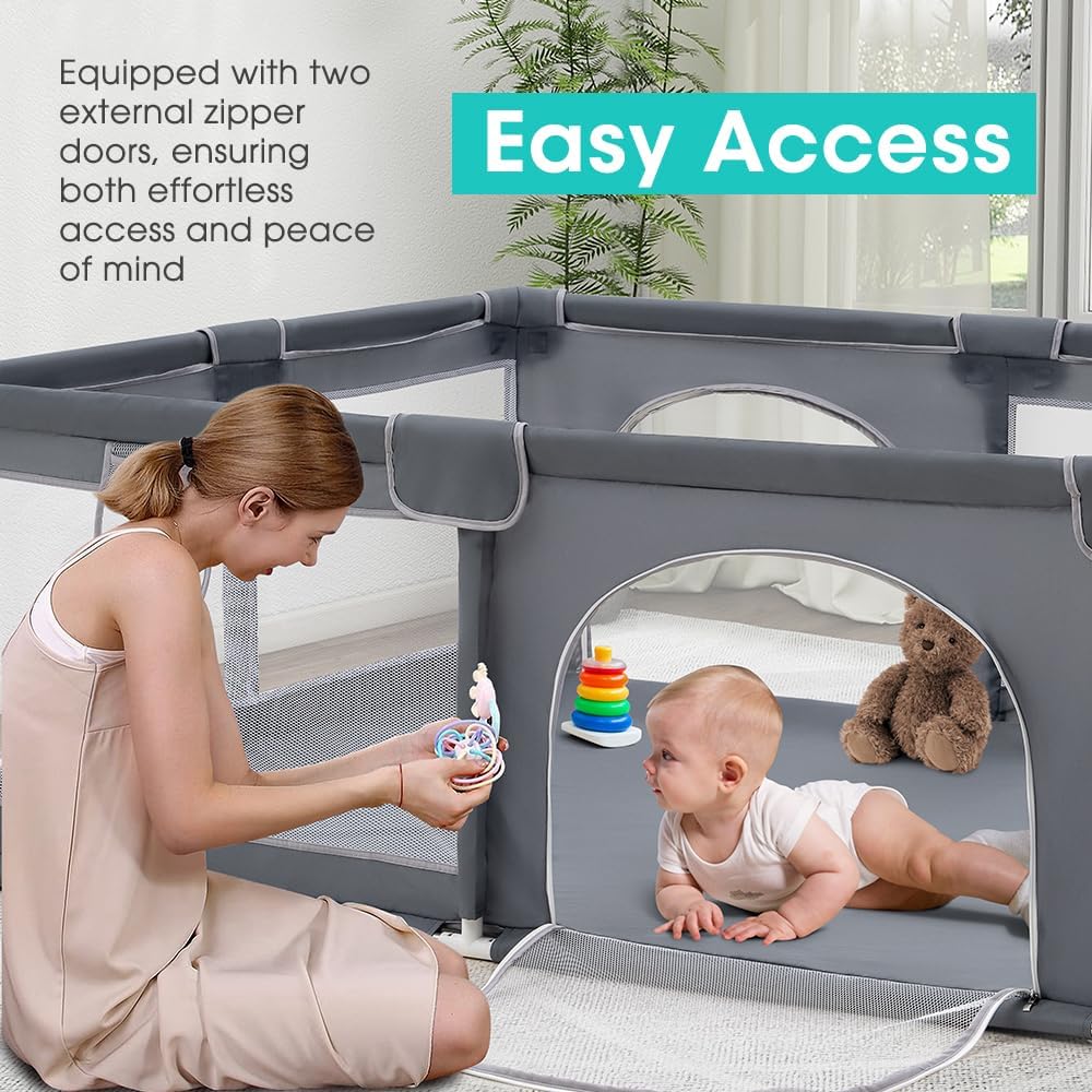 Baby Playpen – 180x200cm Spacious Play Yard for Babies & Toddlers,Grey