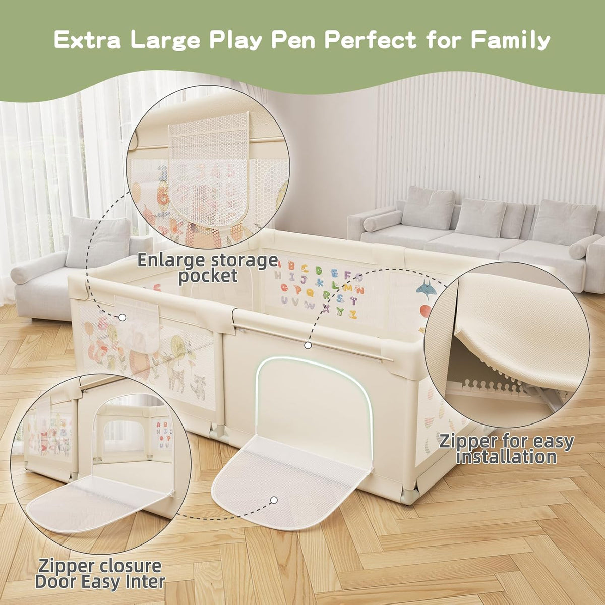 Baby Playpen 200 x 160 cm, Extra-Large Non-Slip Playpens with Patterns, 50 Ocean Balls(Beige)