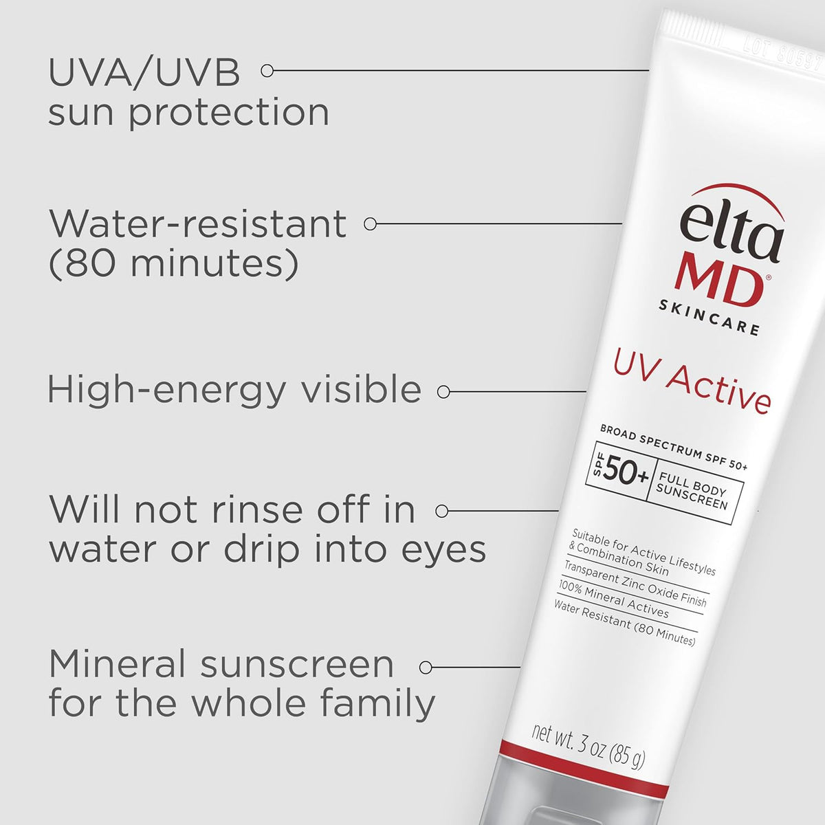 EltaMD UV Active Mineral Sunscreen with Zinc Oxide, SPF 50+, Water Resistant Sunscreen Up to 80 Minutes, 3.0 oz Tube