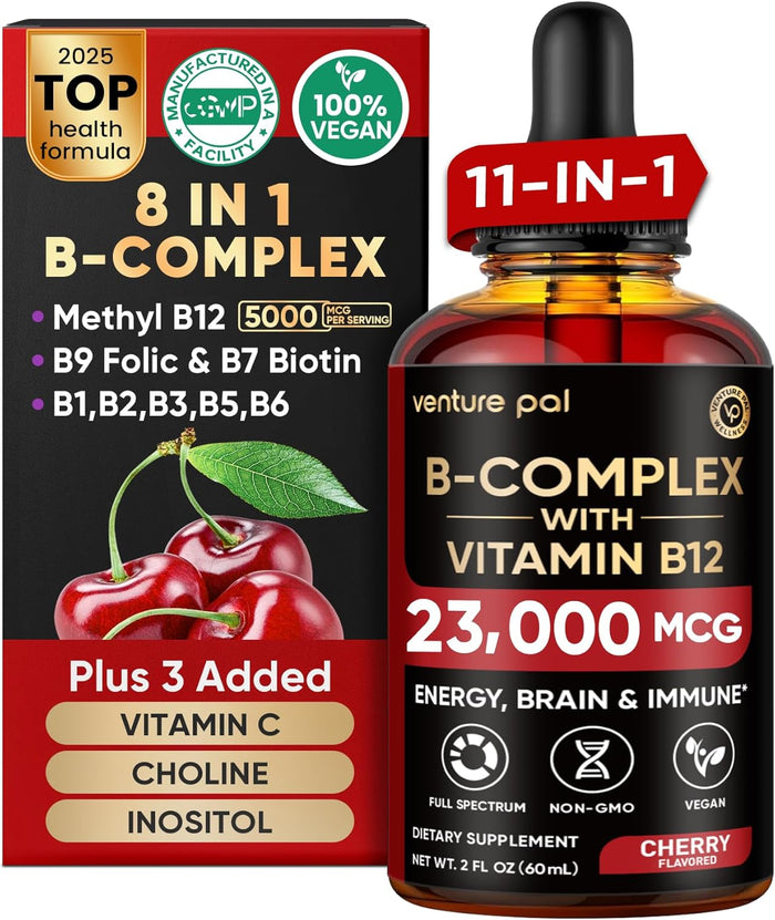 Venture Pal 11-in-1 Vitamin B Complex Liquid Drops, B12 Methylcobalamin | B9 Folic | B1,B2,B3,B5,B6,B7 - Vitamin C, Choline, Inositol, Immune & Energy Metabolism, Brain & Heart Support