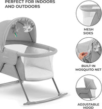Kinderkraft Baby Crib 3 in 1 LOVI, Cradle, Travel Cot, Rocker, Easy Folding and Unfolding, Adjustable Canopy, with Accessories, Mattress Cover, Included Toys, Transport Bag, for Newborn, 0-9 kg, Gray