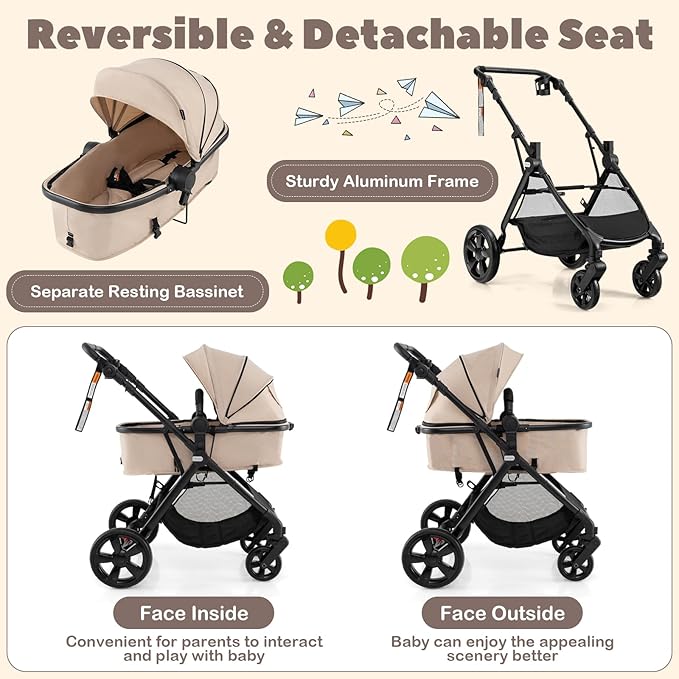 High Landscape Baby Stroller, 2 in 1 Convertible Baby Pram Jogger with Adjustable Canopy & Backrest