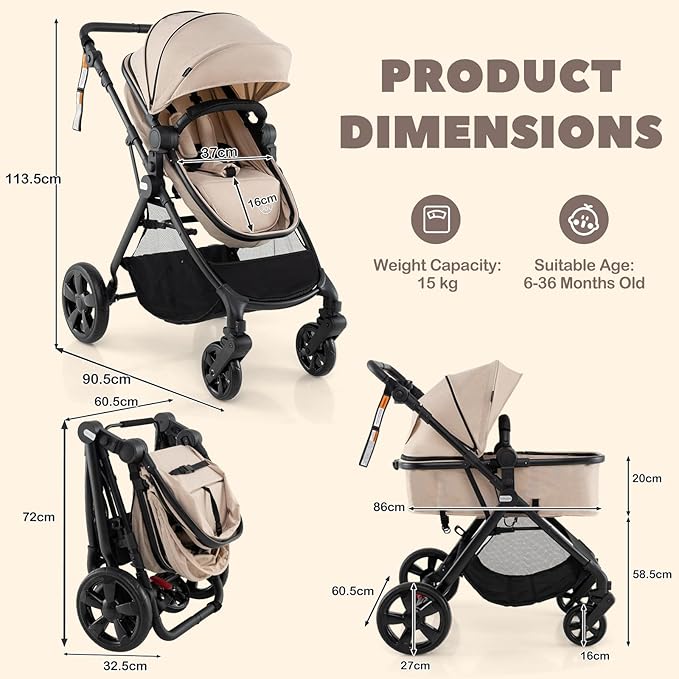 High Landscape Baby Stroller, 2 in 1 Convertible Baby Pram Jogger with Adjustable Canopy & Backrest