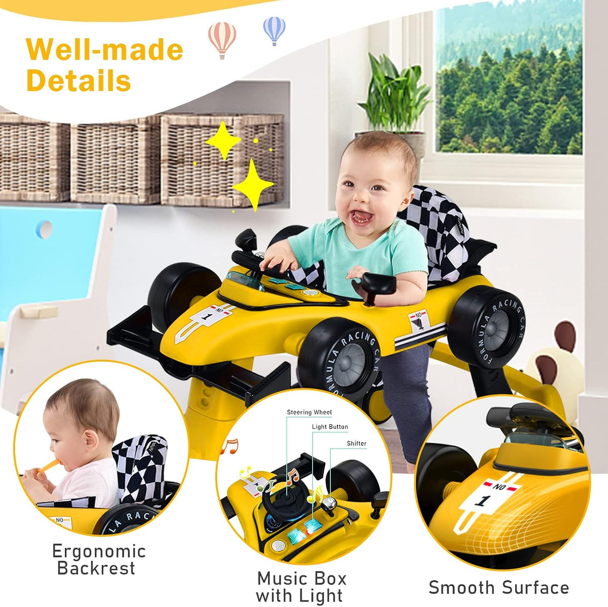 BABY JOY 4-in-1 Baby Walker, Foldable Activity Car Baby Walker w/3 Adjustable Height(Yellow)