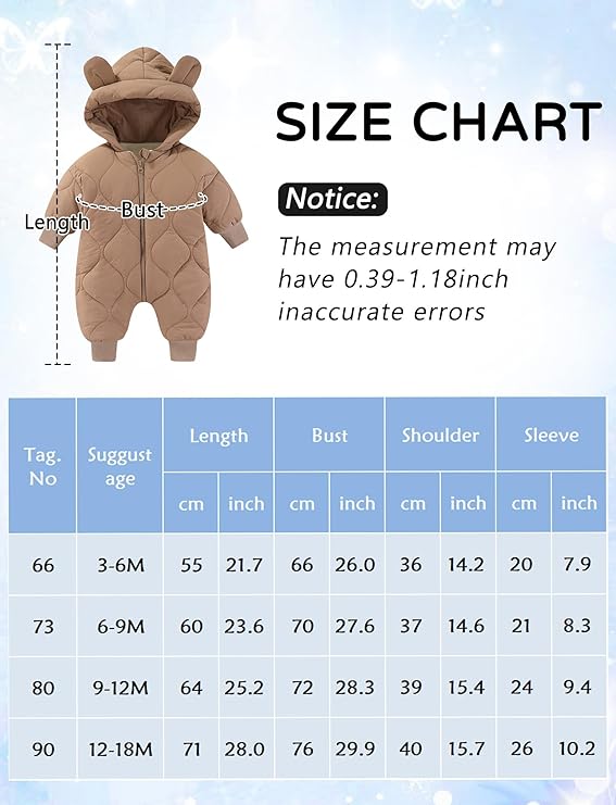 Baby Girls Boys Hooded Winter Snowsuit Warm Fleece Lined Romper Zipper Down Jumpsuit Padded Thick Puffer Clothes