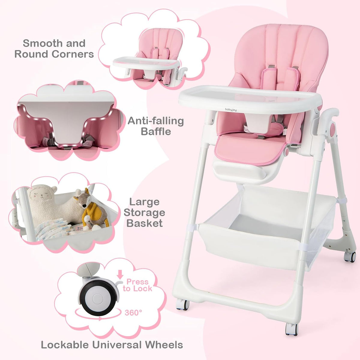 BABY JOY Baby High Chair, Foldable Highchair w/ 7 Heights, 5 Recline Positions (Pink)