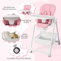BABY JOY Baby High Chair, Foldable Highchair w/ 7 Heights, 5 Recline Positions (Pink)