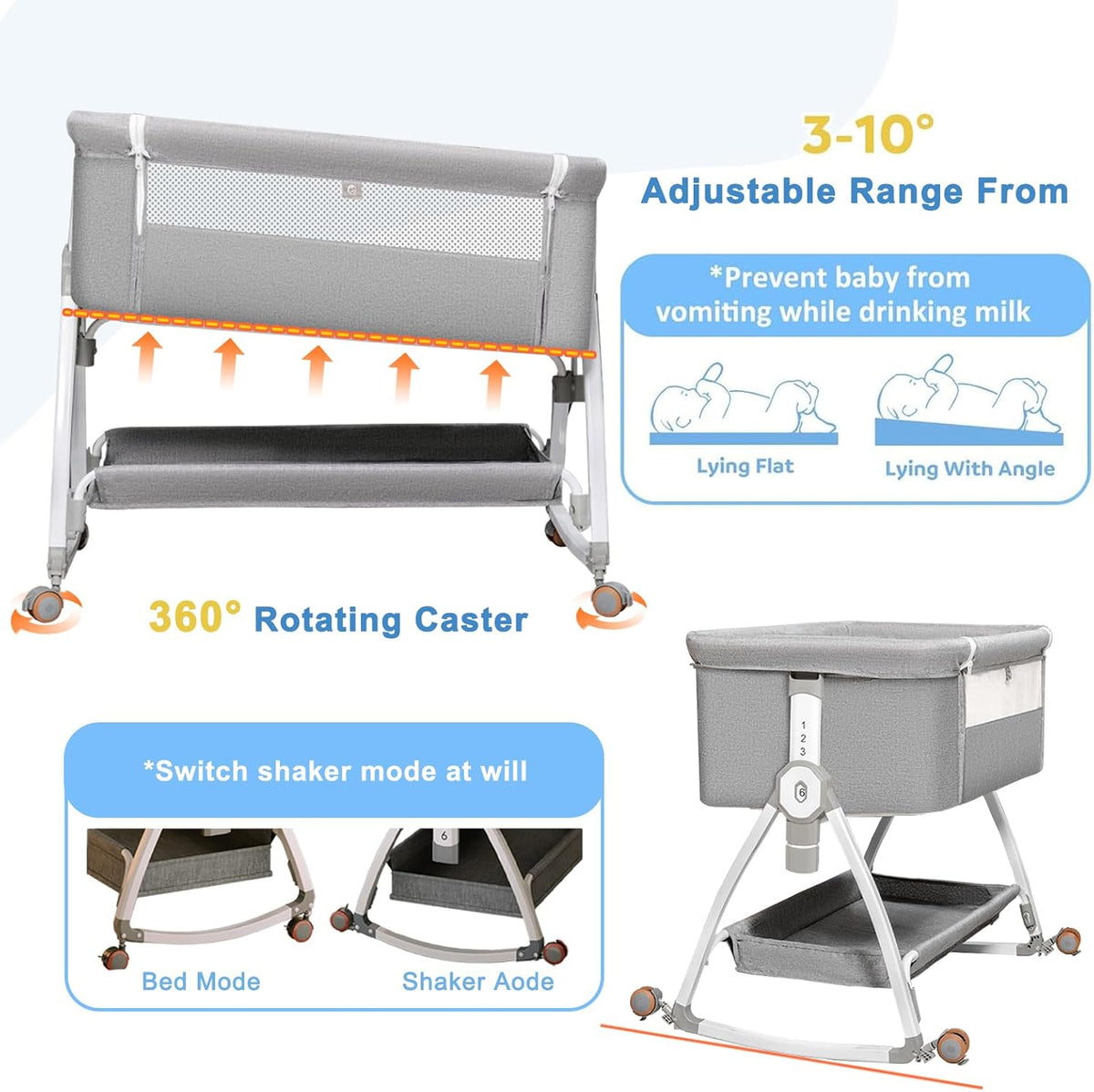 Baby Bassinet with Mattress,3-in-1 Bedside Bassinets with 6 Height Adjustable(Gray)