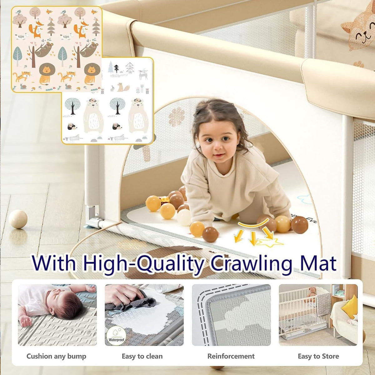 LIODUX Baby Playpen with Mat - 180 x 200cm, Baby Fence Play Area
