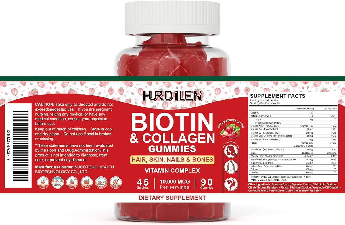 Hair Skin and Nails Gummies, 10000mcg Biotin Collagen Gummies for Women & Men, 90 Gummies