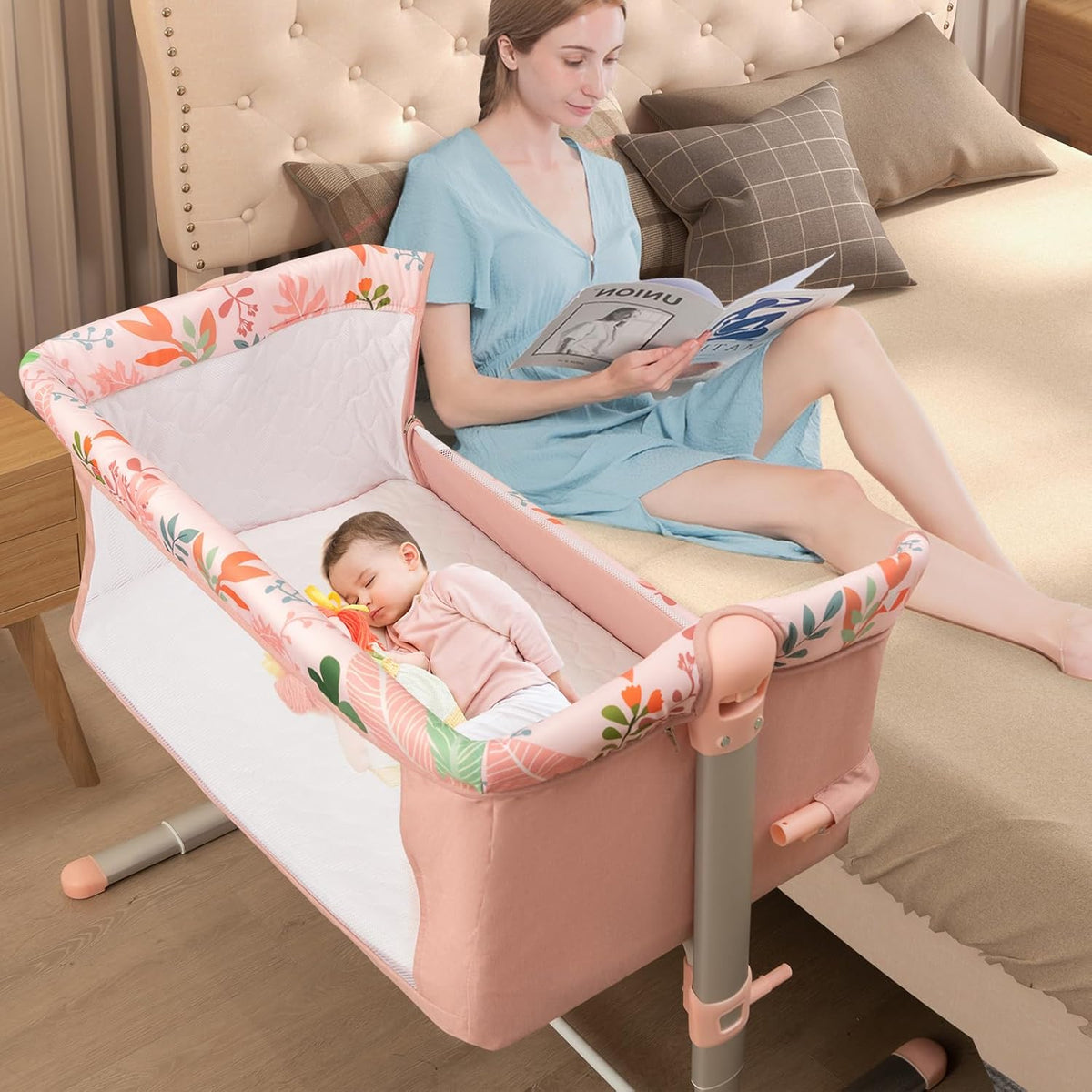 BABY JOY Folding Baby Bassinet Bedside Sleeper, Portable Co-Sleeper Travel Cot for Newborn/Infant w/4 Adjustable Heights