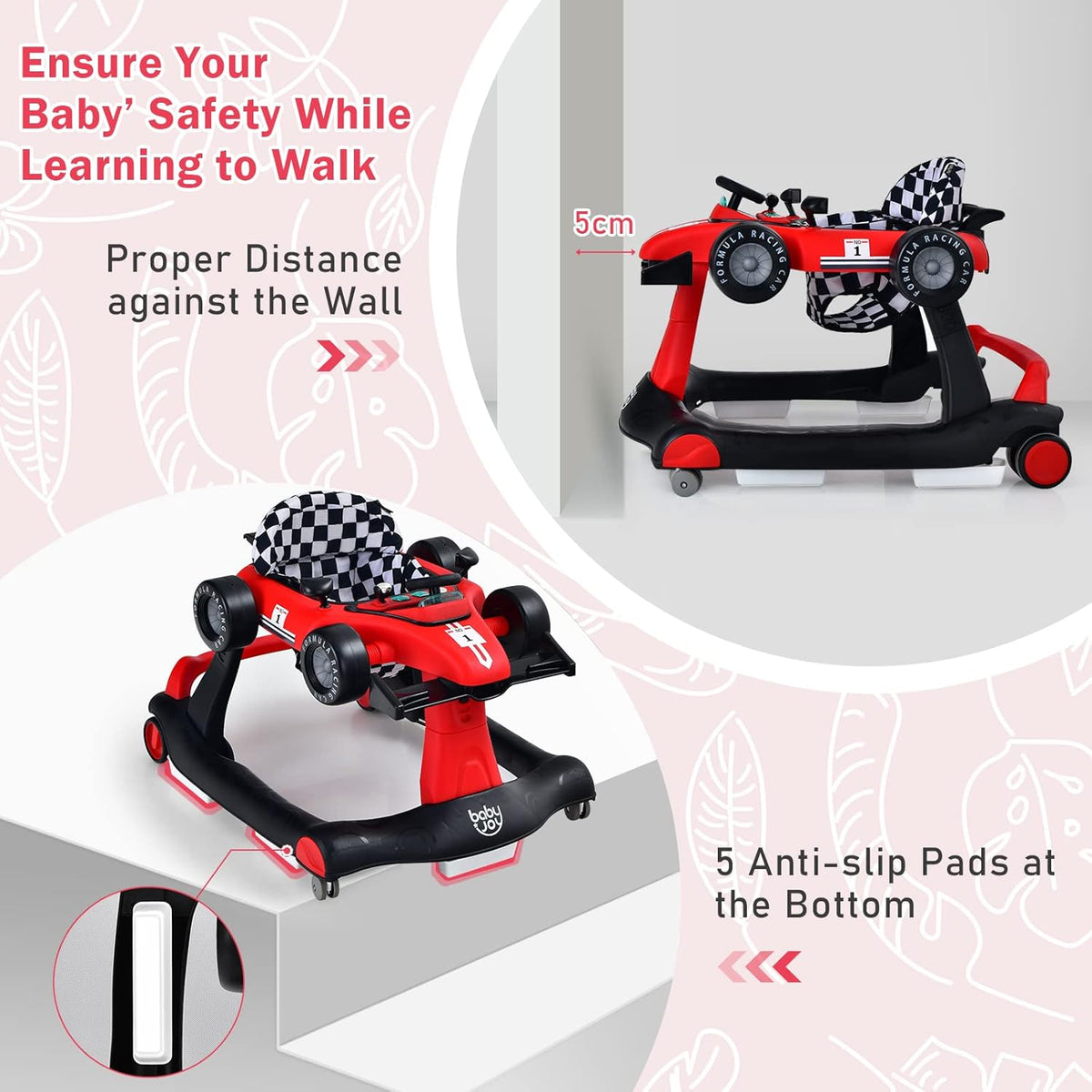 BABY JOY 4-in-1 Baby Walker, Foldable Activity Car Baby Walker w/3 Adjustable Height (Red)