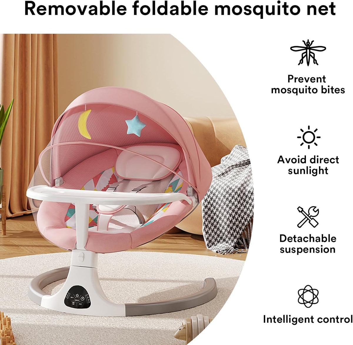 OKUYOSHI Baby Swing with Dinner Tray, New Born Baby Rocker Chair with 3 Timing, 5 Sway Angles (Pink)