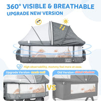 3 in 1 Baby Bassinet, Upgraded Beside Crib with 360° Highly Visible Mesh wall, Comfy Co-sleeper Bassinet with mattress, 5 Level Adjustable Height, Foldable & Portable BabyTravel Crib for Newborn, Grey
