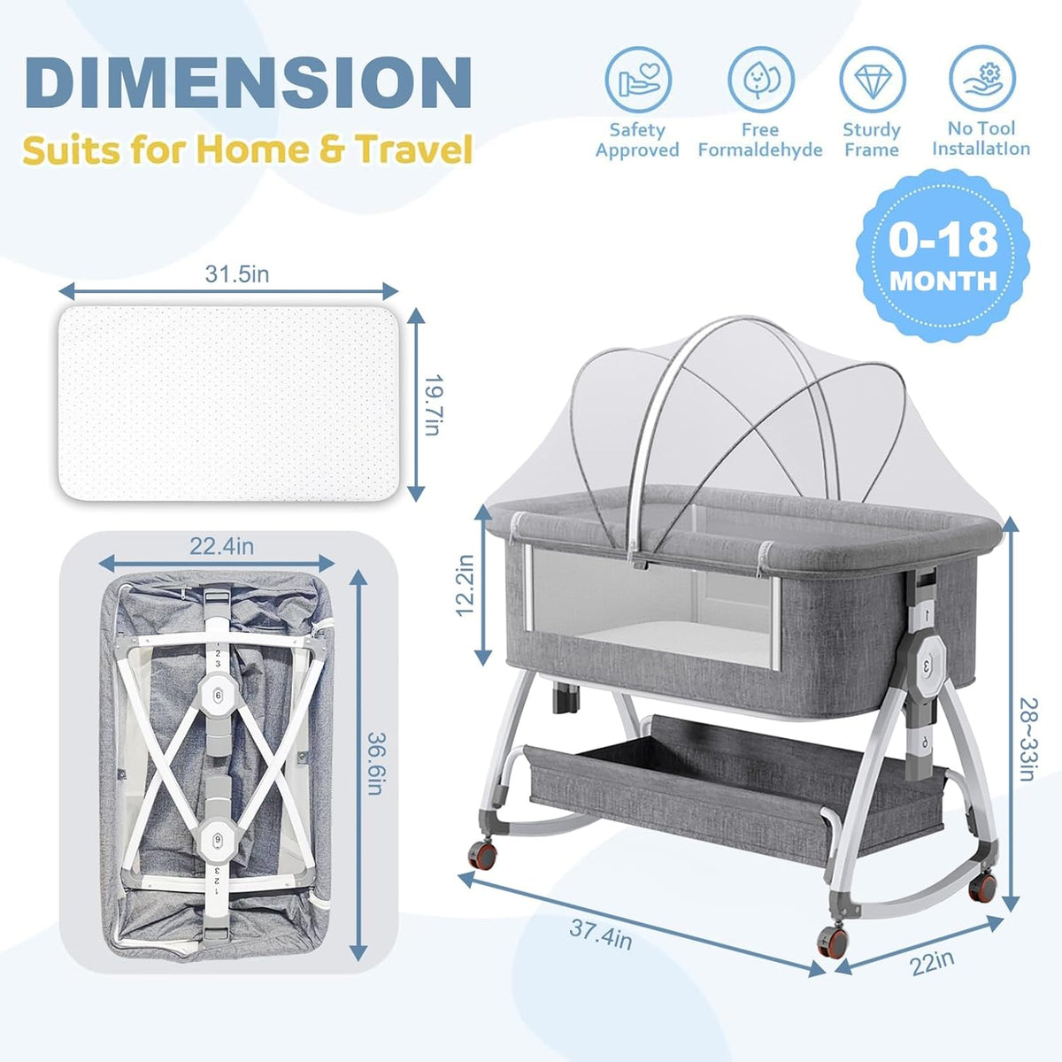 Baby Bassinet with Mattress,3-in-1 Bedside Bassinets with 6 Height Adjustable(Gray)