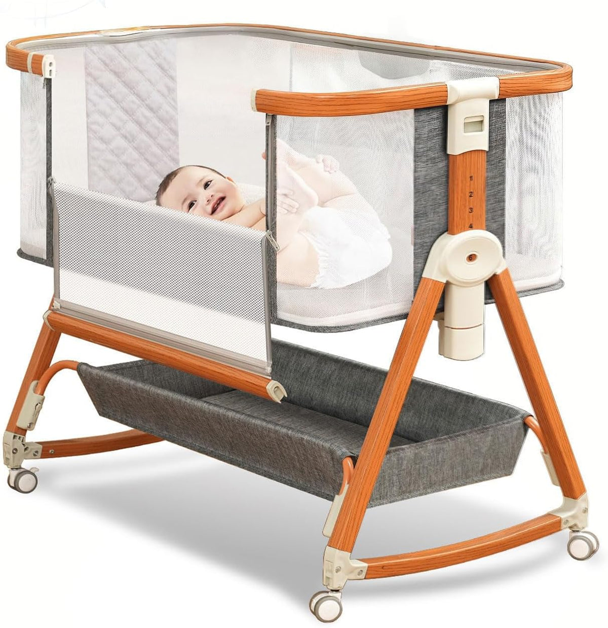Baby Bassinet, Bassinet Bedside Sleeper Co-Sleeper with Adjustable Height, 4-Sided Mesh Baby Crib with Wheels and Storage Basket for Newborn 0-6 Months (Grey)