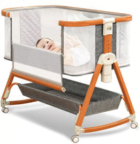 Baby Bassinet, Bassinet Bedside Sleeper Co-Sleeper with Adjustable Height, 4-Sided Mesh Baby Crib with Wheels and Storage Basket for Newborn 0-6 Months (Grey)